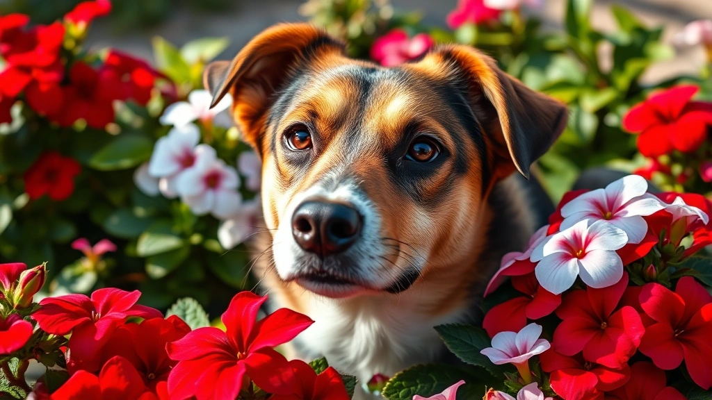 Close-up of an alert dog's face among vibrant red and white impatiens flowers in a container garden, natural outdoor lighting with soft shadows