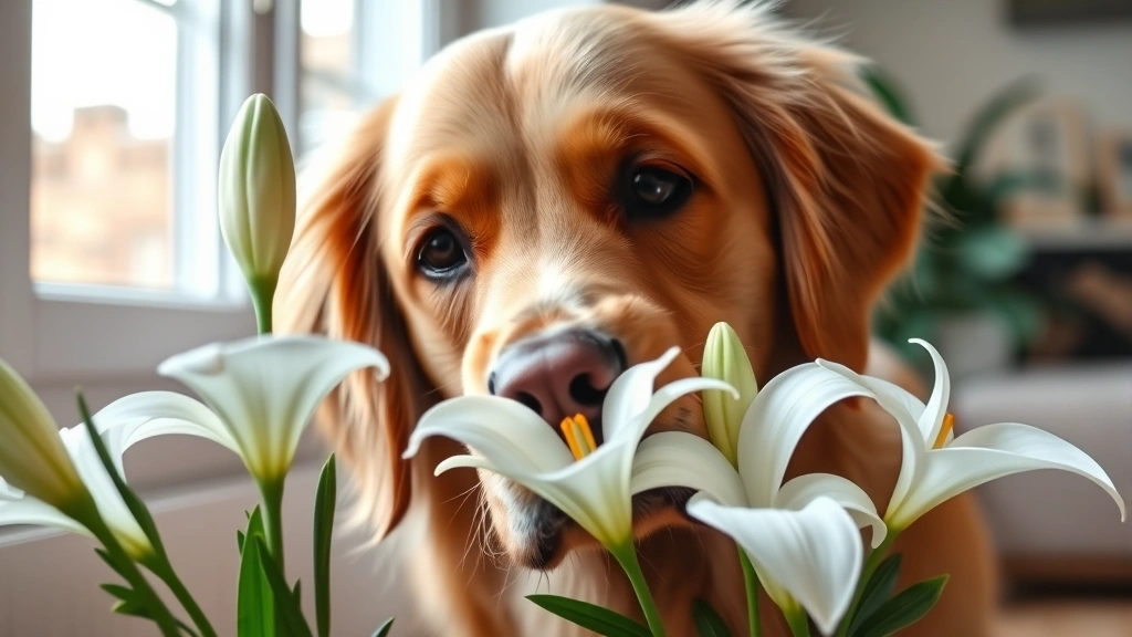 Golden retriever sniffing white Easter lily flower indoors, concerned expression, soft natural lighting, close-up of dog's face near lily petals