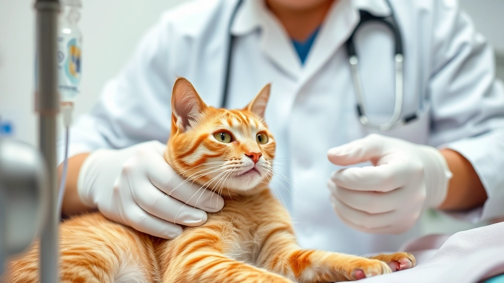 Veterinarian examining orange tabby cat with IV drip during emergency treatment, clinical setting, serious medical environment, IV bag visible