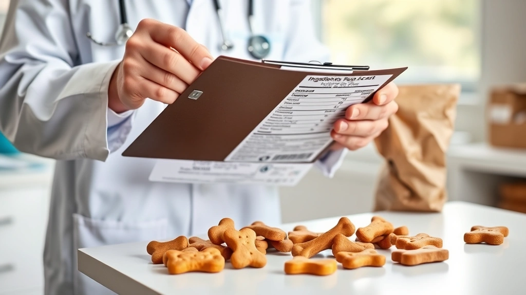 Veterinarian holding clipboard reviewing dog treat ingredients and nutritional labels, professional clinic setting, examining various commercial dog biscuits on examination table, natural lighting