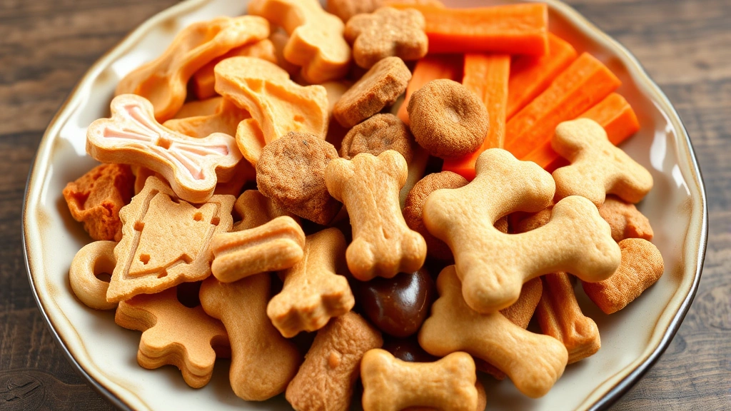 Variety of healthy dog treats displayed on ceramic plate including freeze-dried chicken, carrot pieces, and dental chews, fresh vegetables and whole foods, appealing arrangement showing alternatives to commercial biscuits