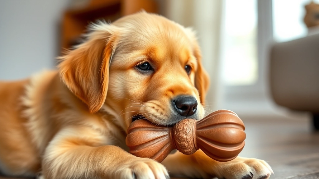 Golden Retriever puppy chewing on a natural rubber Kong toy indoors, soft focus background, playful expression, realistic lighting