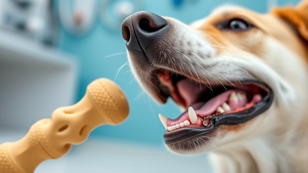Close-up of dog's mouth showing healthy teeth next to a soft natural rubber chew toy, veterinary clinic setting, professional photography