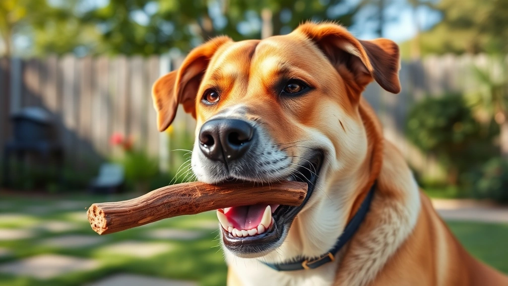 Large dog happily chewing on a bully stick treat outdoors in sunny backyard, content expression, natural lighting, realistic detail