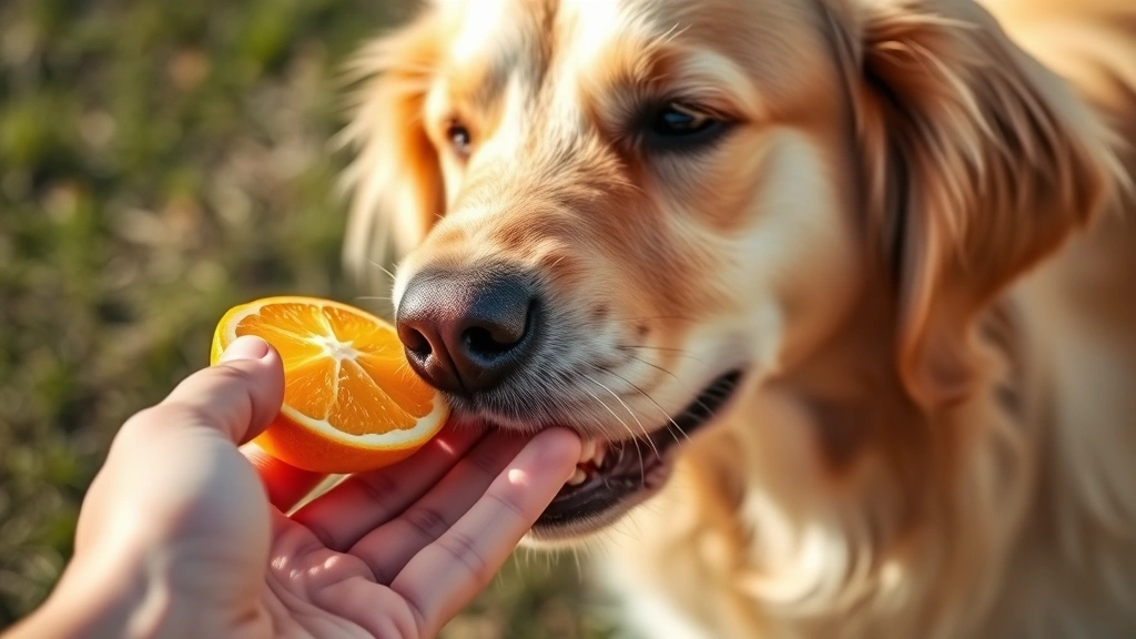 Golden retriever carefully sniffing a peeled orange segment held in human hand, bright natural lighting, dog's nose close to fruit, curious expression