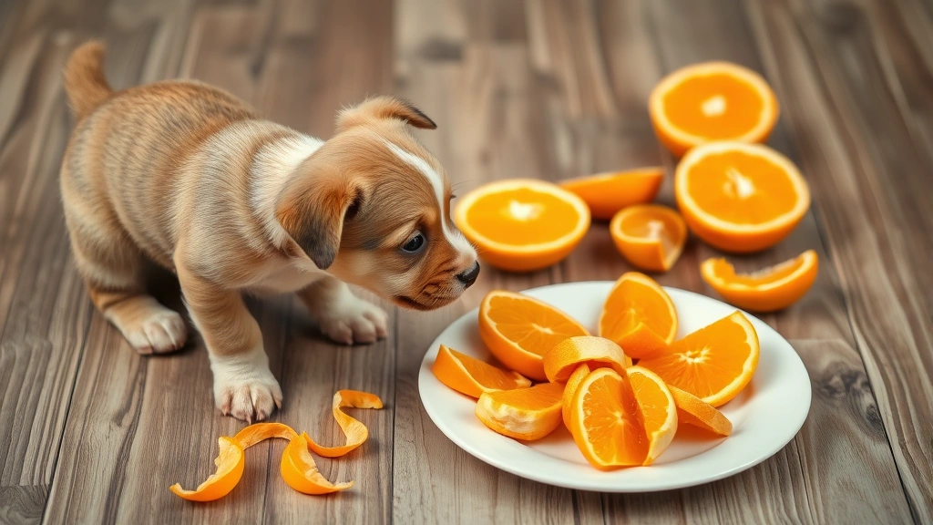 Puppy looking away from plate of orange pieces with peel scattered nearby, warning scene showing what not to feed, concerned dog body language