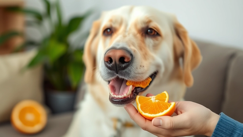 Healthy adult dog happily eating small pieces of orange flesh from hand, relaxed setting, clean preparation with no peel visible