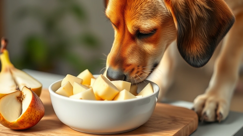 Dog sniffing bowl of prepared pear pieces cut into safe bite-sized chunks, natural lighting, focus on food safety