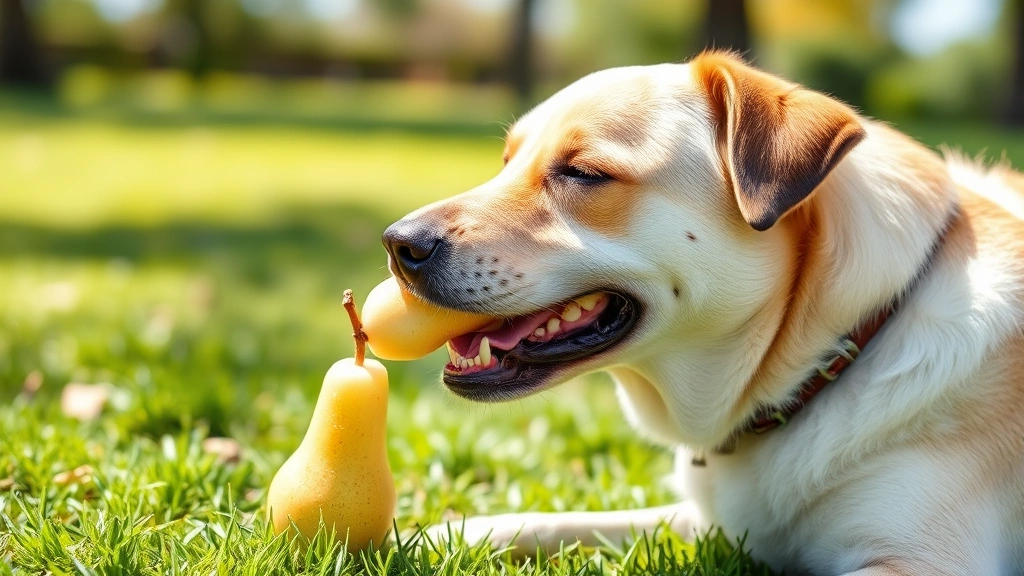 Senior dog enjoying frozen pear treat on grass outdoors on sunny day, showing healthy dog enjoying safe fruit snack