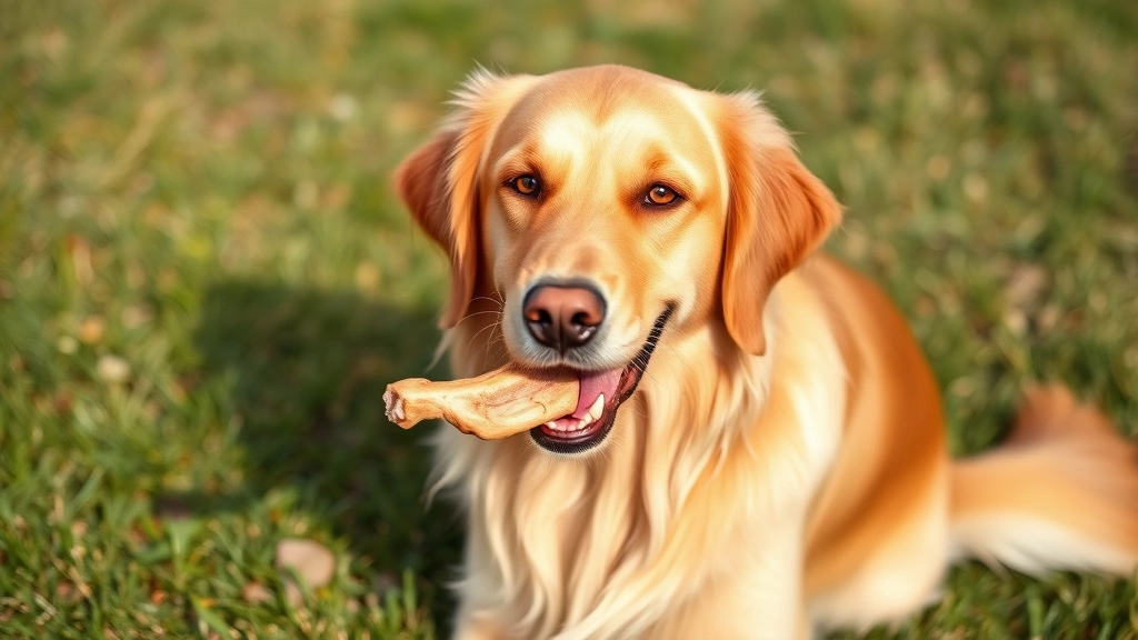 Golden Retriever happily chewing on a pork ear treat, sitting on grass with focused expression, natural outdoor lighting