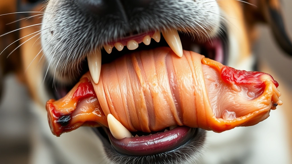 Close-up of a dog's mouth showing teeth while chewing a pork ear, demonstrating dental engagement and jaw movement