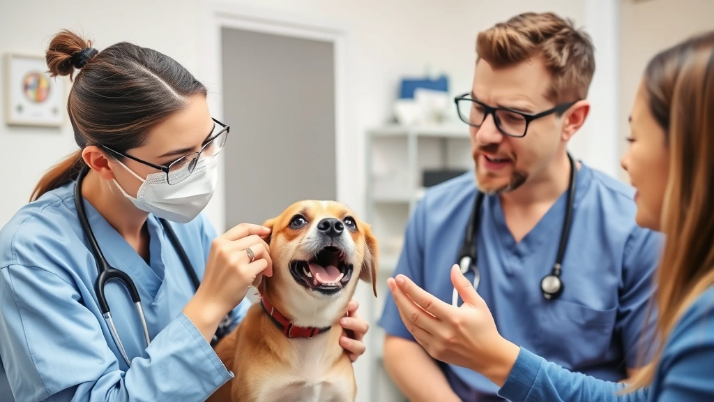 Veterinarian examining a small dog's mouth during checkup, professional clinic setting, discussing treat safety with concerned dog owner