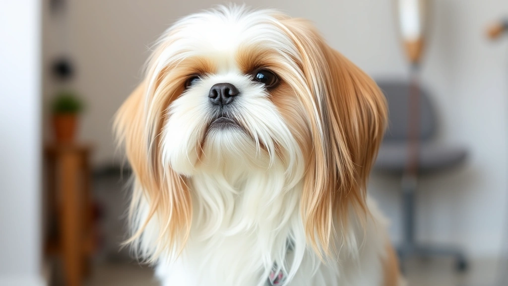 Shih Tzu dog with long silky white and tan coat sitting indoors, professional grooming setting, close-up of fluffy hair texture, natural lighting