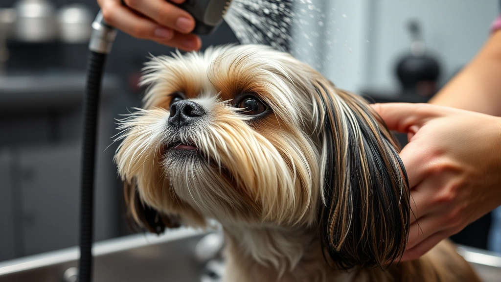 Shih Tzu getting bathed by groomer, warm water spray, close-up of wet coat showing skin underneath, professional grooming salon background