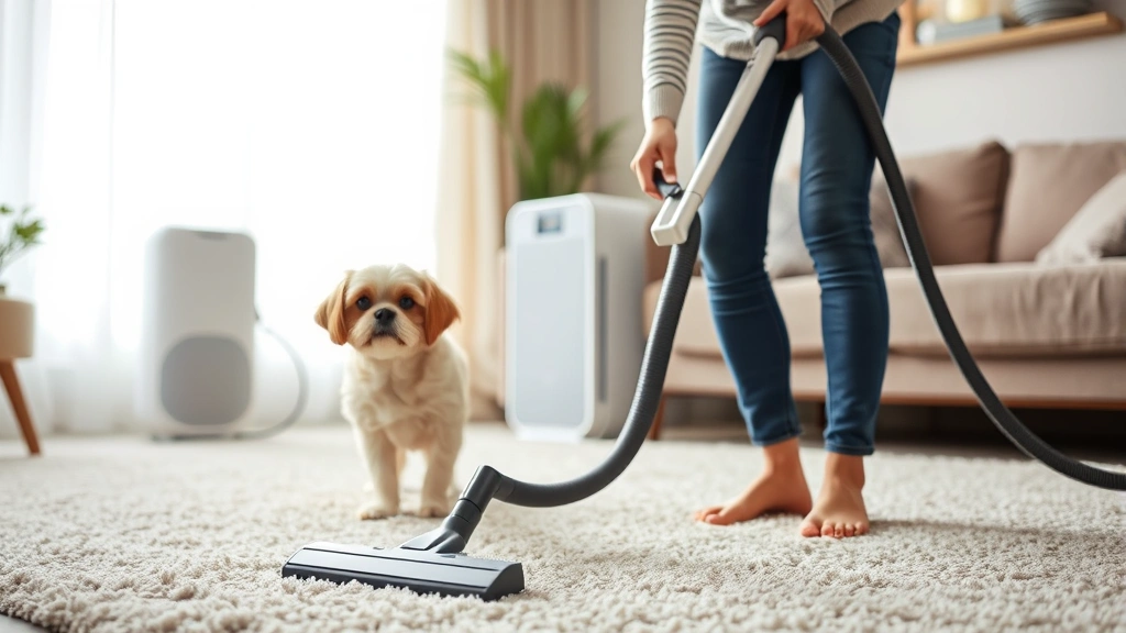 Woman vacuuming carpet near Shih Tzu dog, HEPA air purifier visible in background, modern living room, allergy management setup, bright natural light