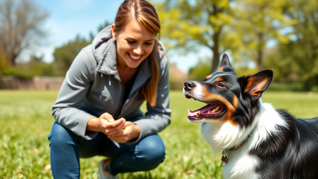 Professional dog trainer with happy border collie mid-training session using treat rewards outdoors, both showing positive engagement and joy, sunny day