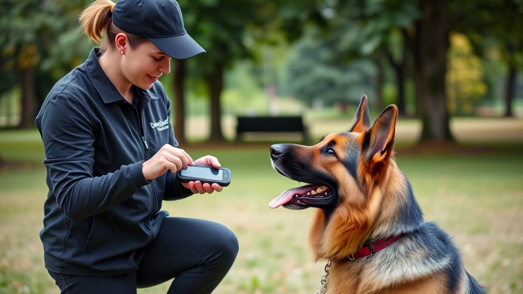 Certified trainer demonstrating clicker training with attentive German Shepherd in park setting, clicker device visible, dog looking at trainer with interest and trust