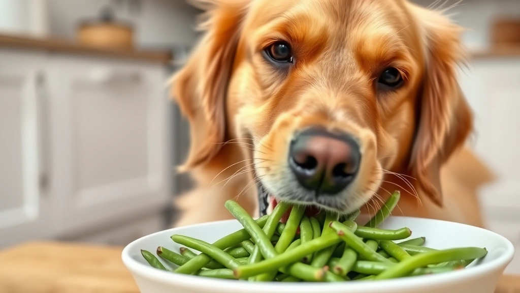 Golden Retriever eating fresh green string beans from a white bowl, happy expression, natural kitchen lighting, selective focus on dog and beans
