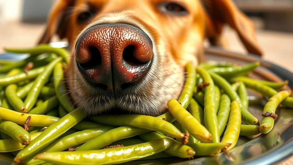 Close-up of cooked string beans on a stainless steel plate with a Labrador's nose in frame, shallow depth of field, bright daylight