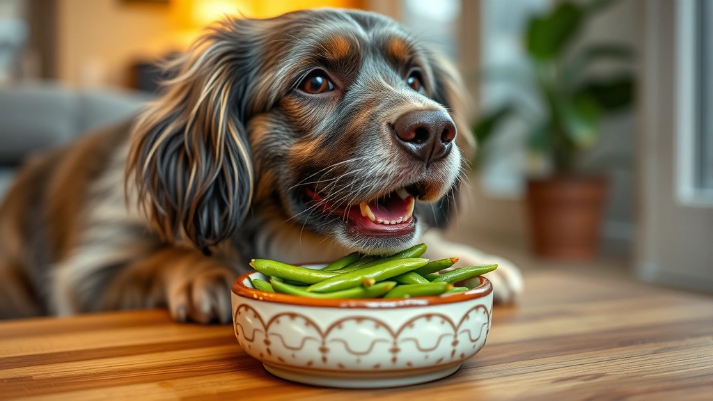 Senior dog enjoying steamed string beans from an elevated ceramic dog dish, warm indoor lighting, dog showing contentment