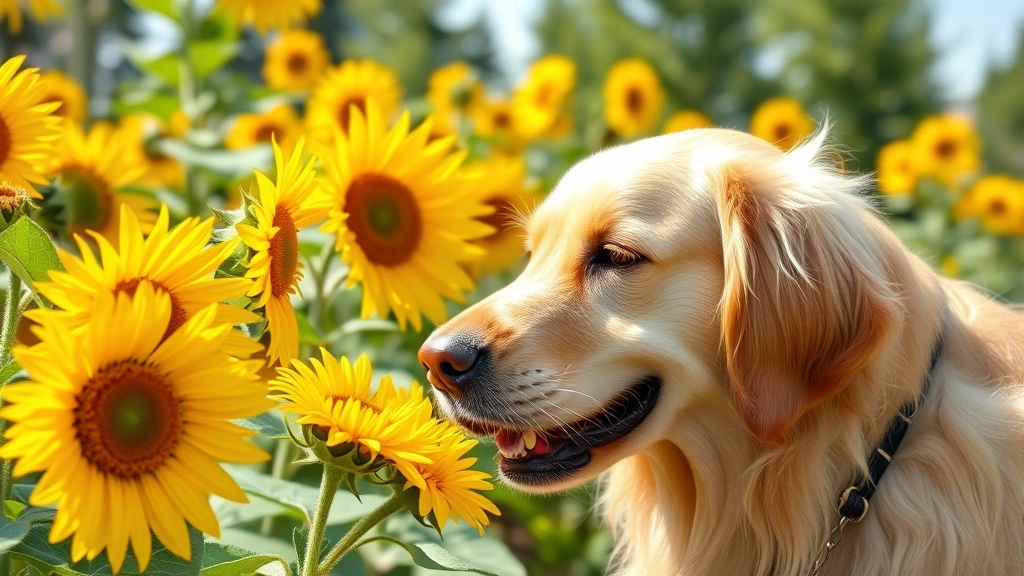 Golden retriever sniffing bright yellow sunflowers in a sunny garden, dog's nose near petals, natural outdoor lighting, happy expression