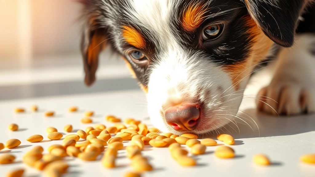 Close-up of sunflower seeds scattered on white surface with border collie puppy investigating nearby, curious dog face, warm sunlight