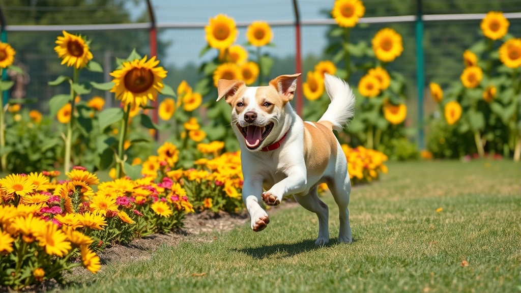 Dog playing safely near sunflower garden with protective fencing in background, happy dog mid-run, colorful blooming flowers, clear day