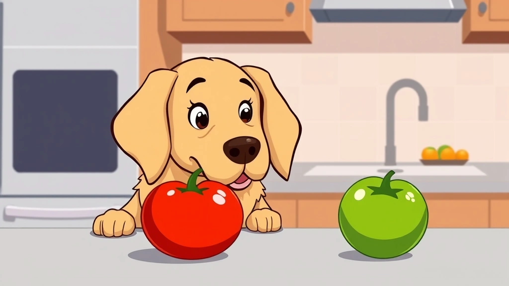are tomatoes bad for dogs - A cartoon golden retriever looking curiously at a bright red ripe tomato on a ki