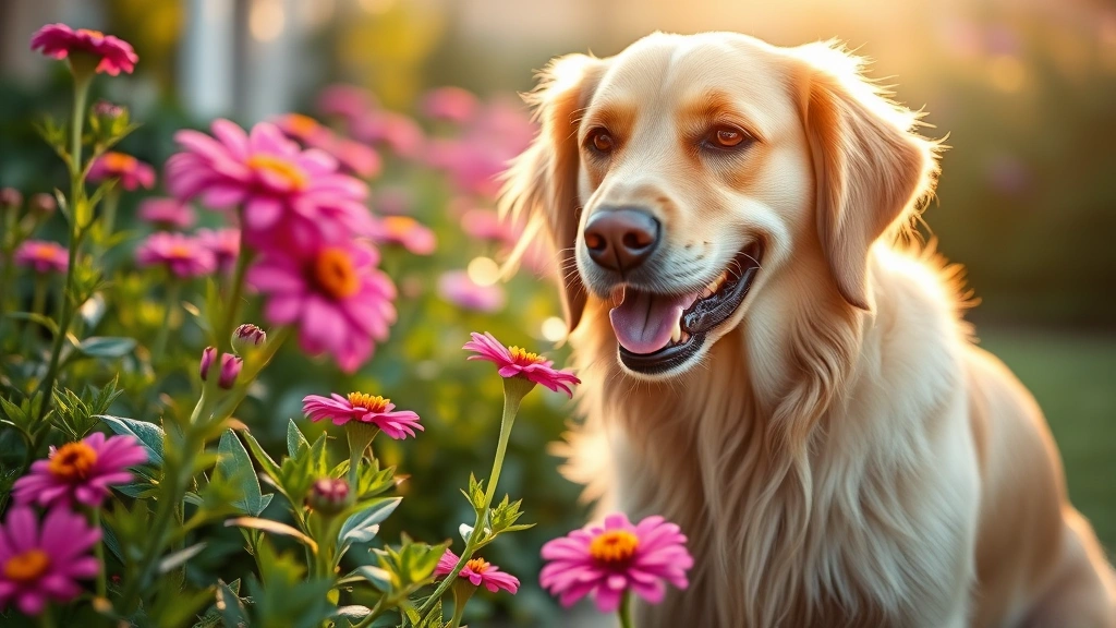 Golden Retriever sniffing bright pink and purple zinnia flowers in sunny garden bed, shallow depth of field, golden hour lighting, happy dog expression