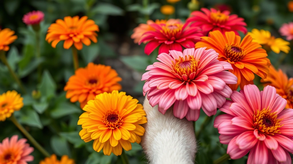 Close-up of colorful zinnias with red, orange, yellow blooms, dog paw gently touching pink flower petals, soft natural daylight, garden background blurred