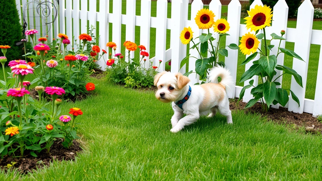Small dog safely playing in fenced garden area with blooming zinnias, marigolds, and sunflowers, lush green grass, white picket fence, peaceful outdoor setting