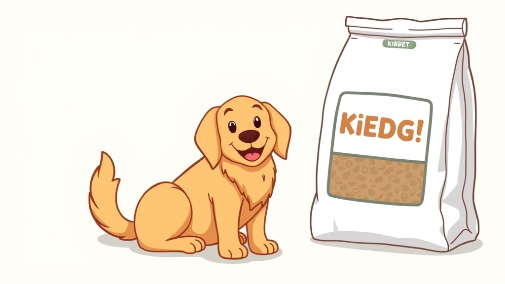 authority dog food - Cartoon illustration of a happy golden retriever sitting in front of a large bag