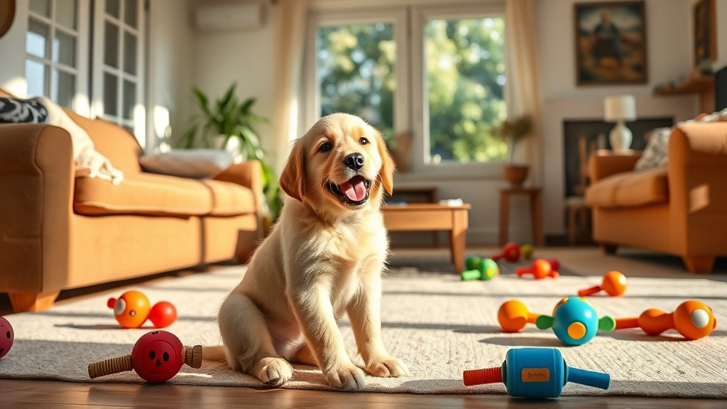 baby dog - A playful golden retriever puppy sitting in a sunny living room with toys scatte