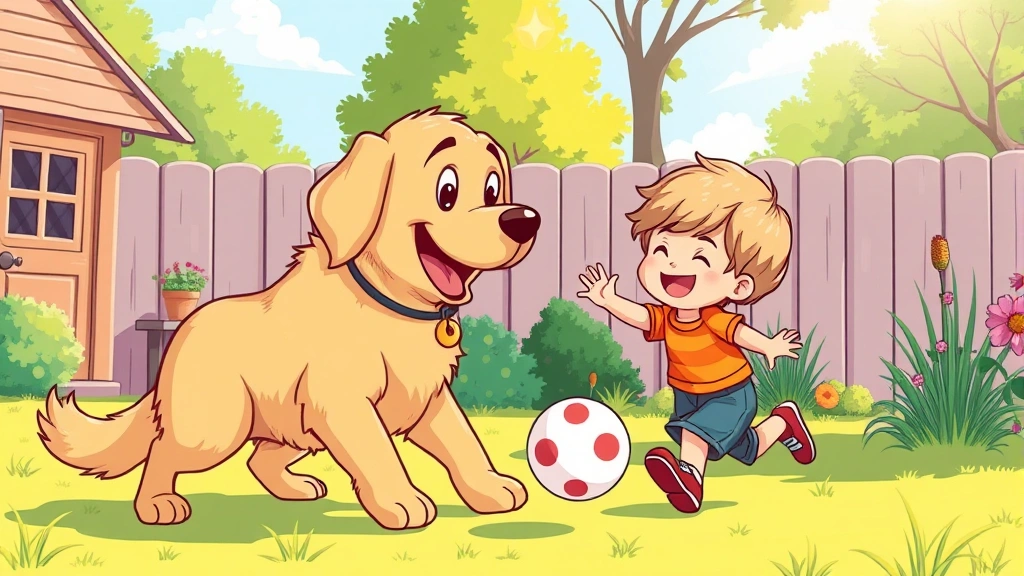 best dog breeds for families - Cartoon illustration of a happy Golden Retriever playing fetch with a child in a