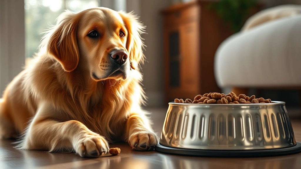 best dog food for allergies - A golden retriever sitting calmly next to a stainless steel food bowl filled wit