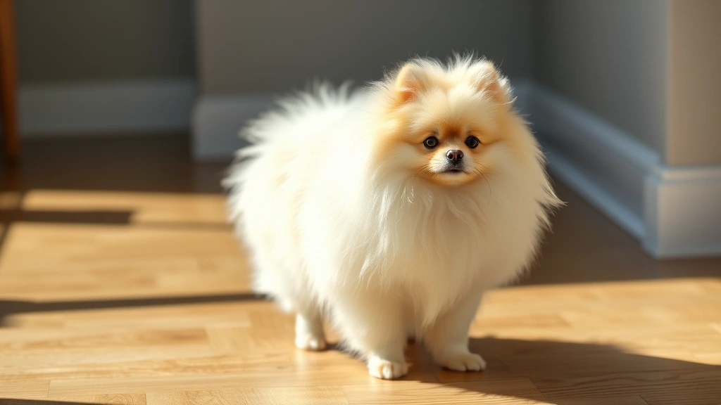 best small dog breeds - A fluffy Pomeranian with a cloud-like coat standing on a wooden floor, bright na