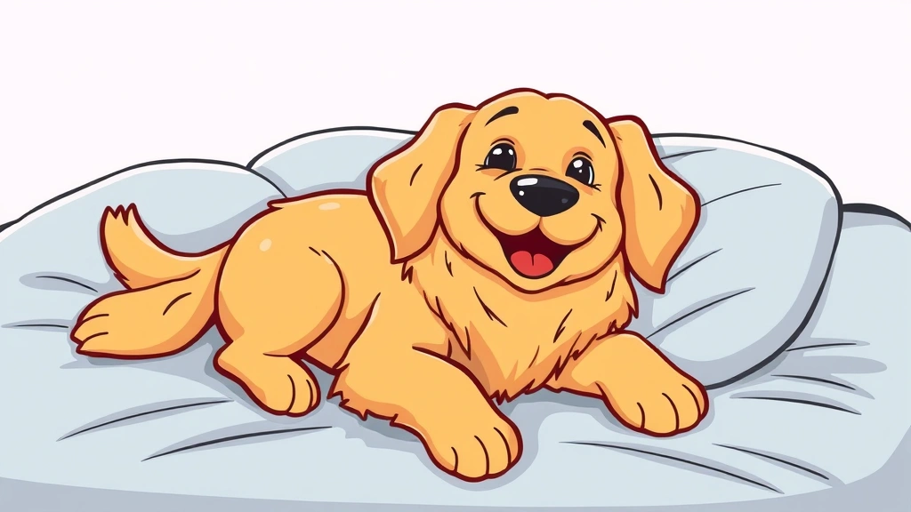 bland diet for dogs - Cartoon illustration of a happy golden retriever lying on a soft bed