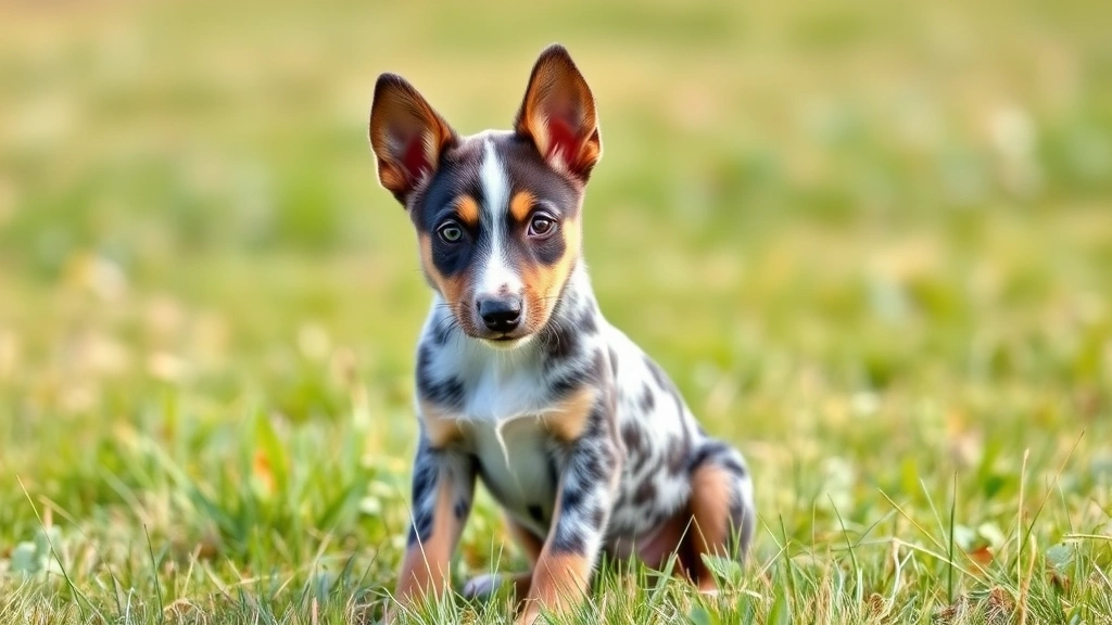 blue cattle dog breeders - A blue merle Australian Cattle Dog puppy sitting alert in a grassy field, ears p