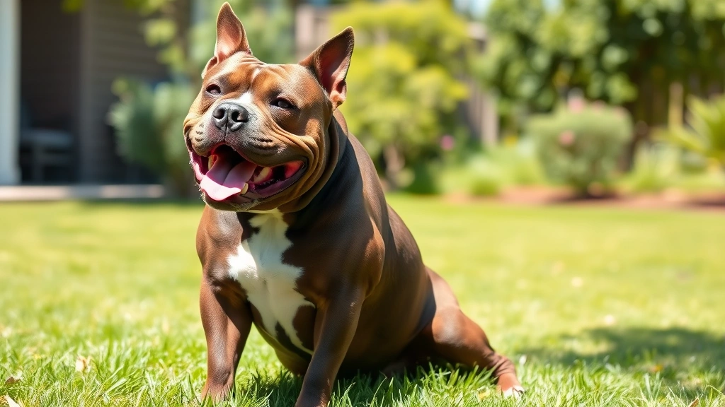 bully max dog food - A happy, muscular American Bully with a shiny coat sitting in a sunny yard, look