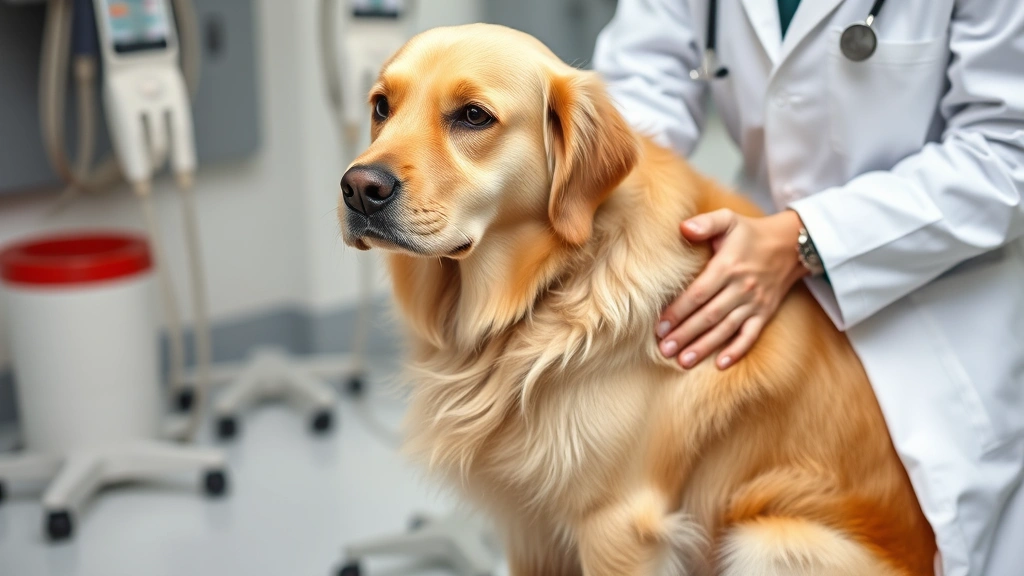 Female golden retriever sitting calmly during veterinary examination, veterinarian in white coat gently examining dog's abdomen, professional clinic setting with medical equipment visible, dog looking calm and trusting