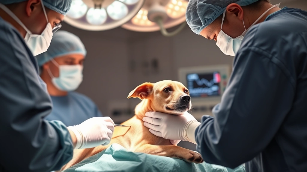 Veterinary surgical team performing spay procedure on female dog under bright surgical lights, surgeon in surgical mask and gloves using instruments on draped patient, anesthesia monitor displaying vital signs, sterile surgical environment