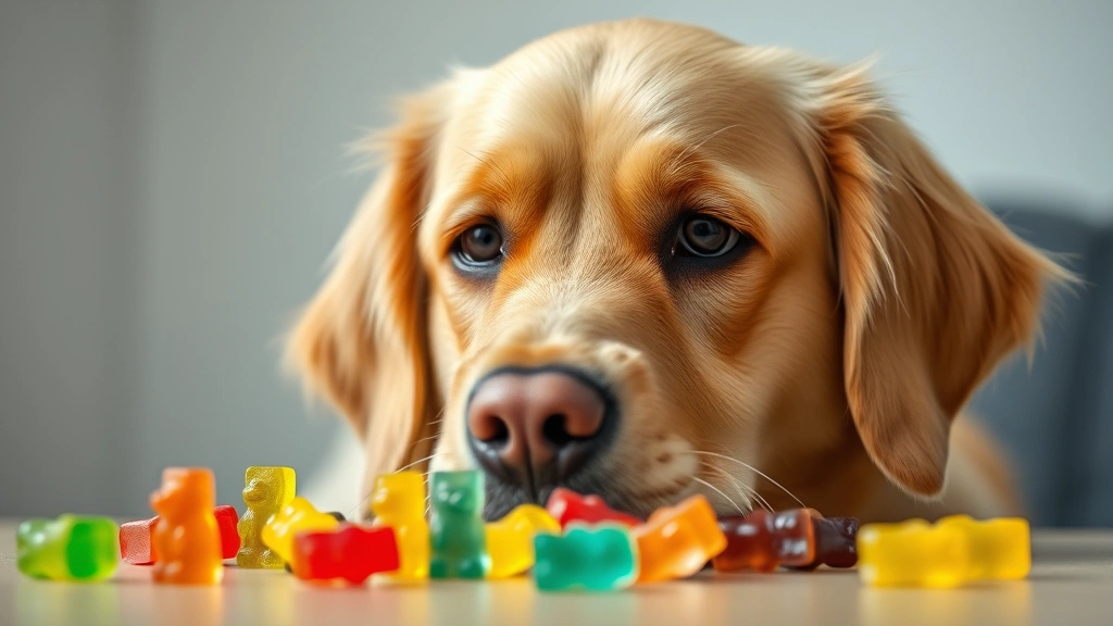 Close-up of a concerned golden retriever looking at colorful gummy bears on a table, worried expression, realistic dog fur, shallow depth of field, bright natural lighting