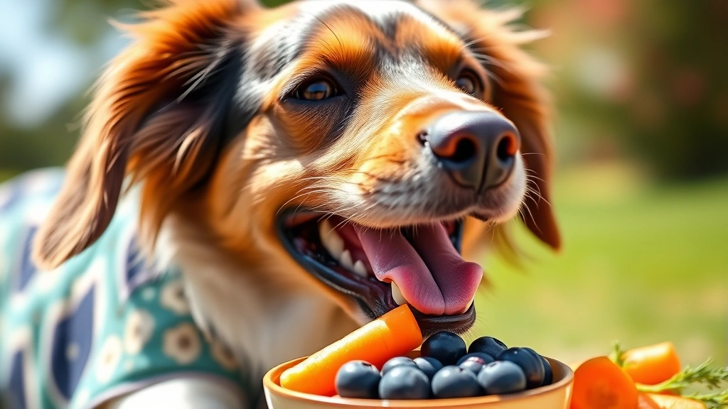 Happy healthy dog eating fresh blueberries and carrots from a bowl, joyful expression, natural outdoor background, bright daylight, photorealistic dog coat