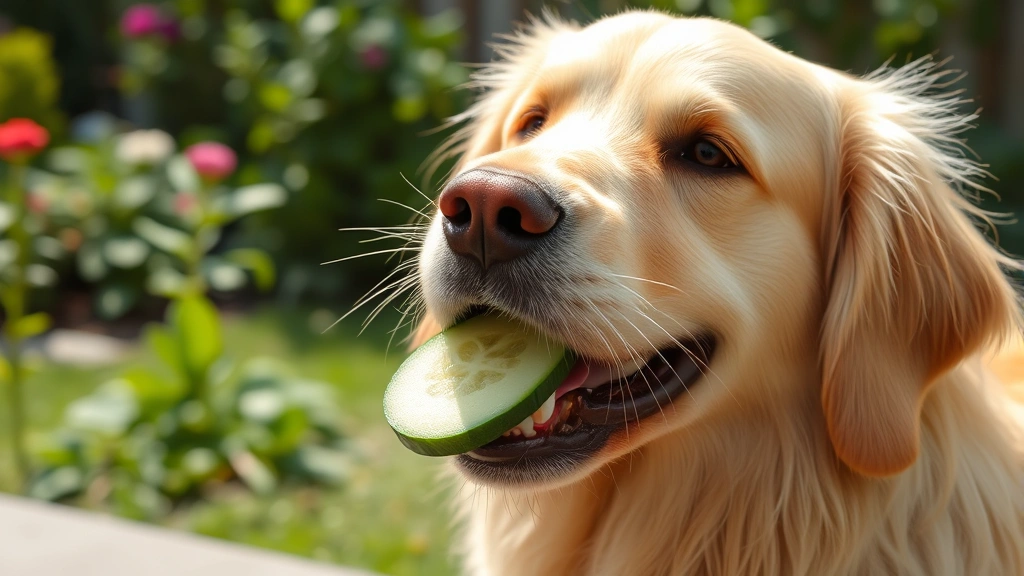 Golden Retriever happily eating fresh cucumber slice, clear water droplets on vegetable, bright natural lighting, outdoor garden setting