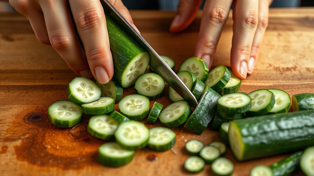 Close-up of hands cutting fresh cucumber into small dog-friendly pieces on wooden cutting board, green skin visible