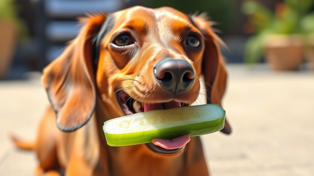 Adorable Dachshund with frozen cucumber piece, summer sunshine, panting happily, refreshed expression on dog's face