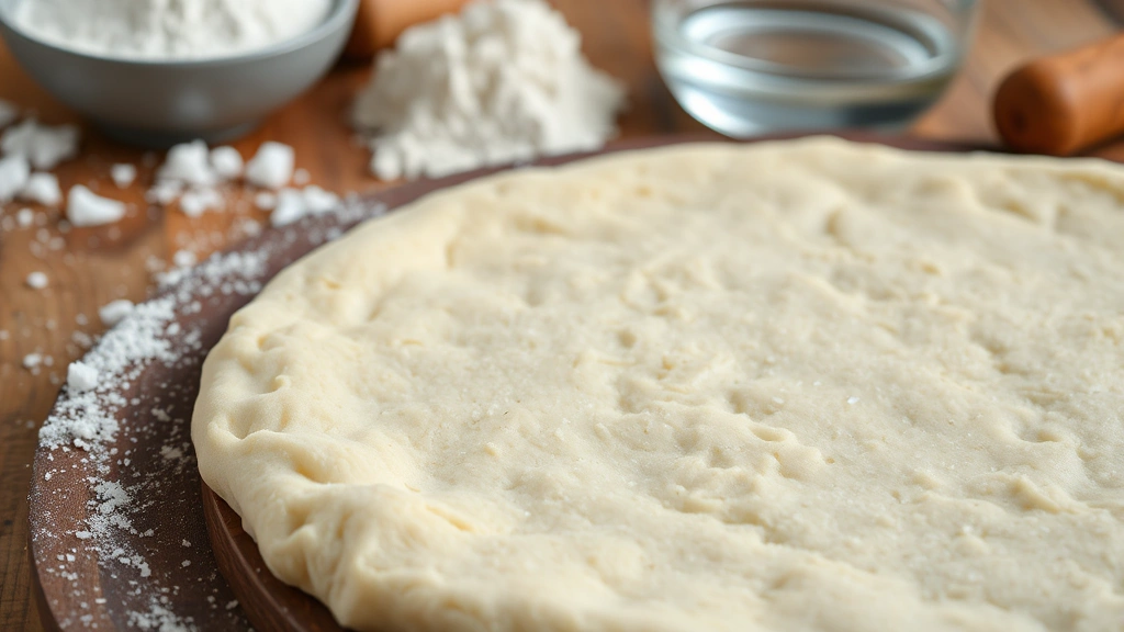 Close-up of plain pizza crust on wooden surface with fresh ingredients nearby like flour, salt, and water, professional food photography style