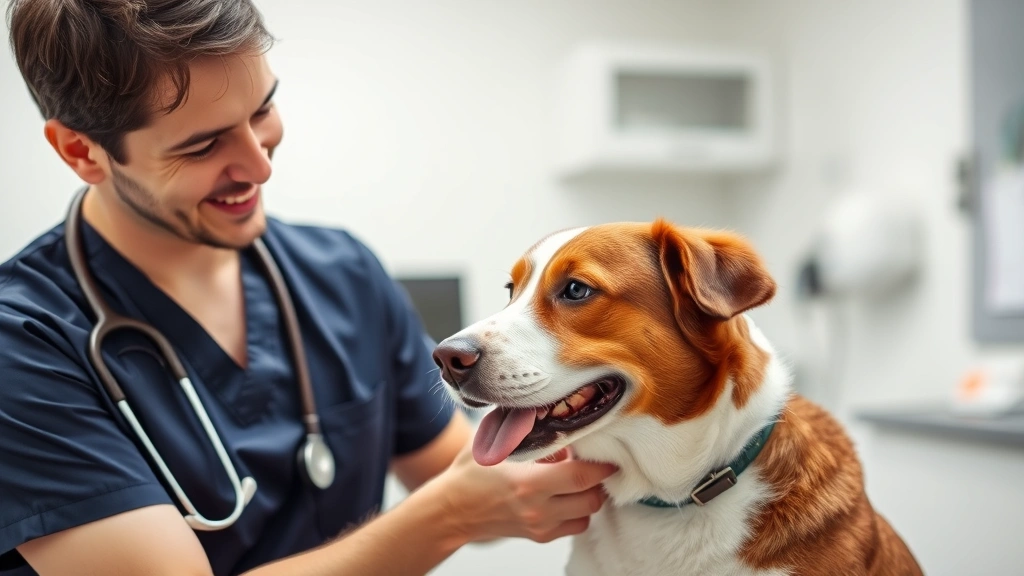 Veterinarian examining a brown and white dog in clinic, stethoscope around neck, friendly expression, professional medical office setting