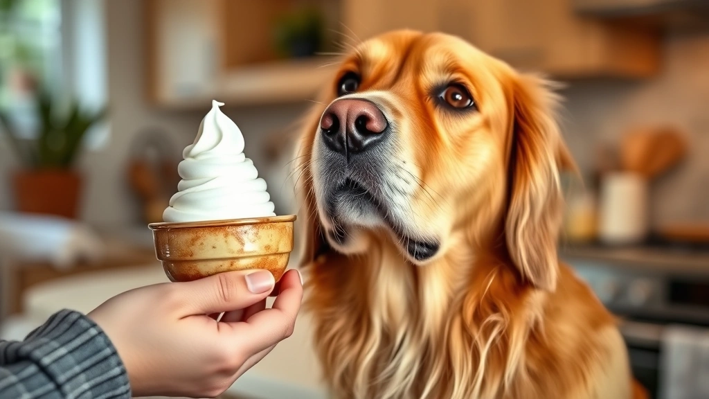 Golden Retriever looking up at woman holding whipped cream dessert, curious expression, indoor kitchen setting, warm lighting, dog's face prominent