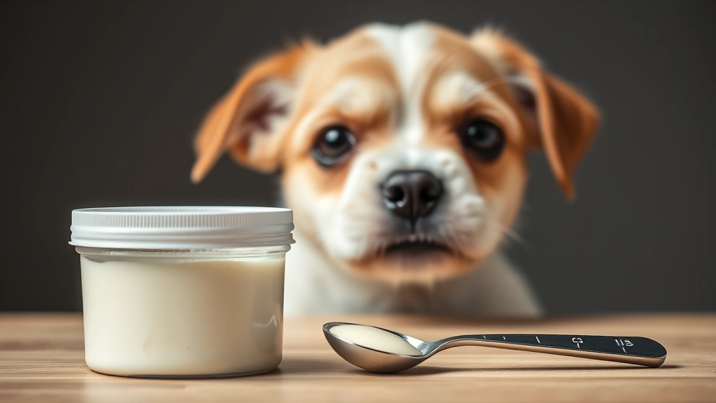 Close-up of cream container and measuring spoon with small dog in background, showing portion control concept, realistic dog photography